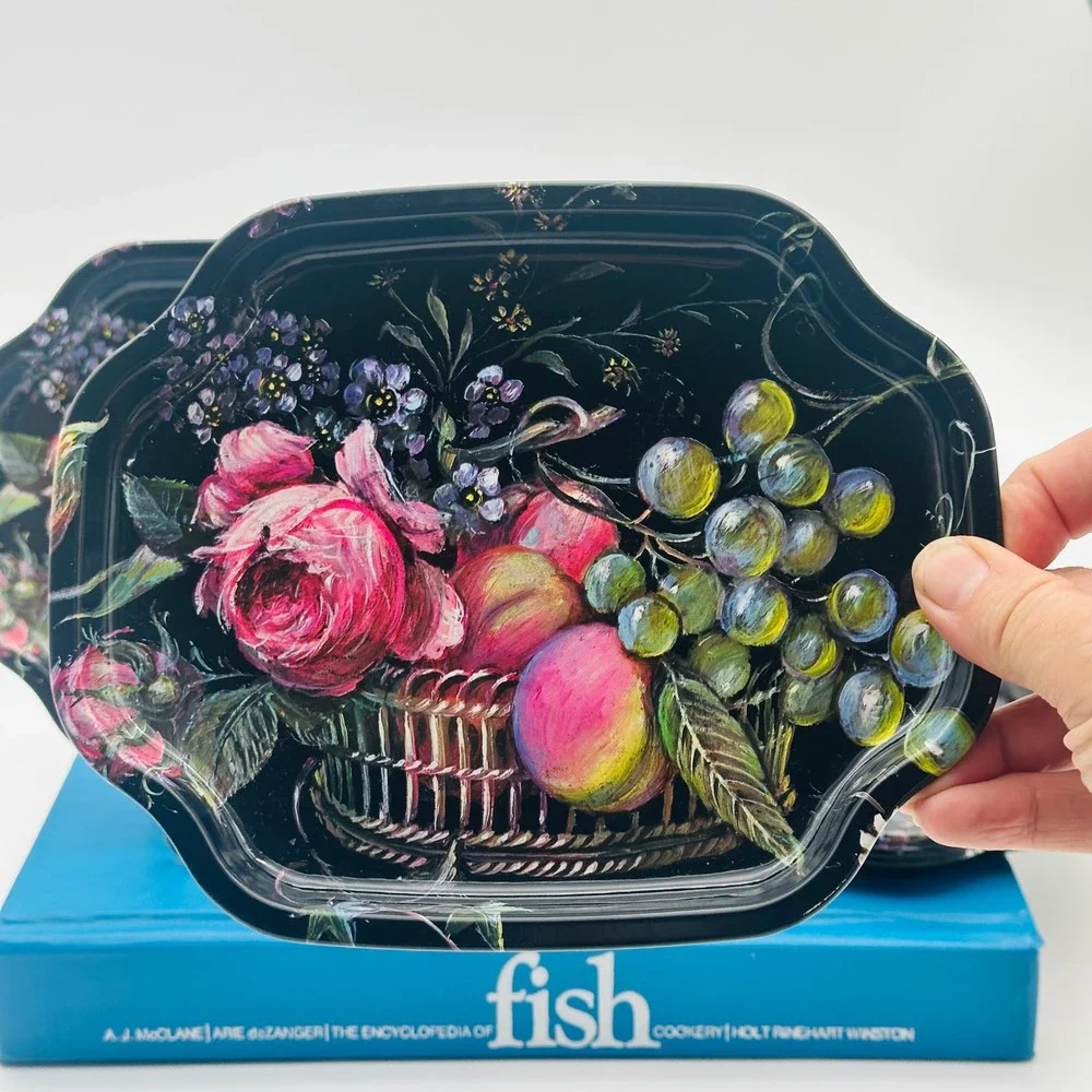 Vintage Elite Trays Set of 6 Floral Fruit Grapes Tin Mini Trays England Black